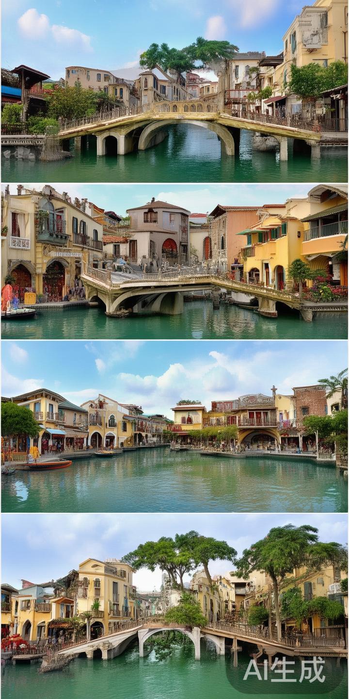 此外，景区内还设置了众多风格各异的小桥、广场、咖啡